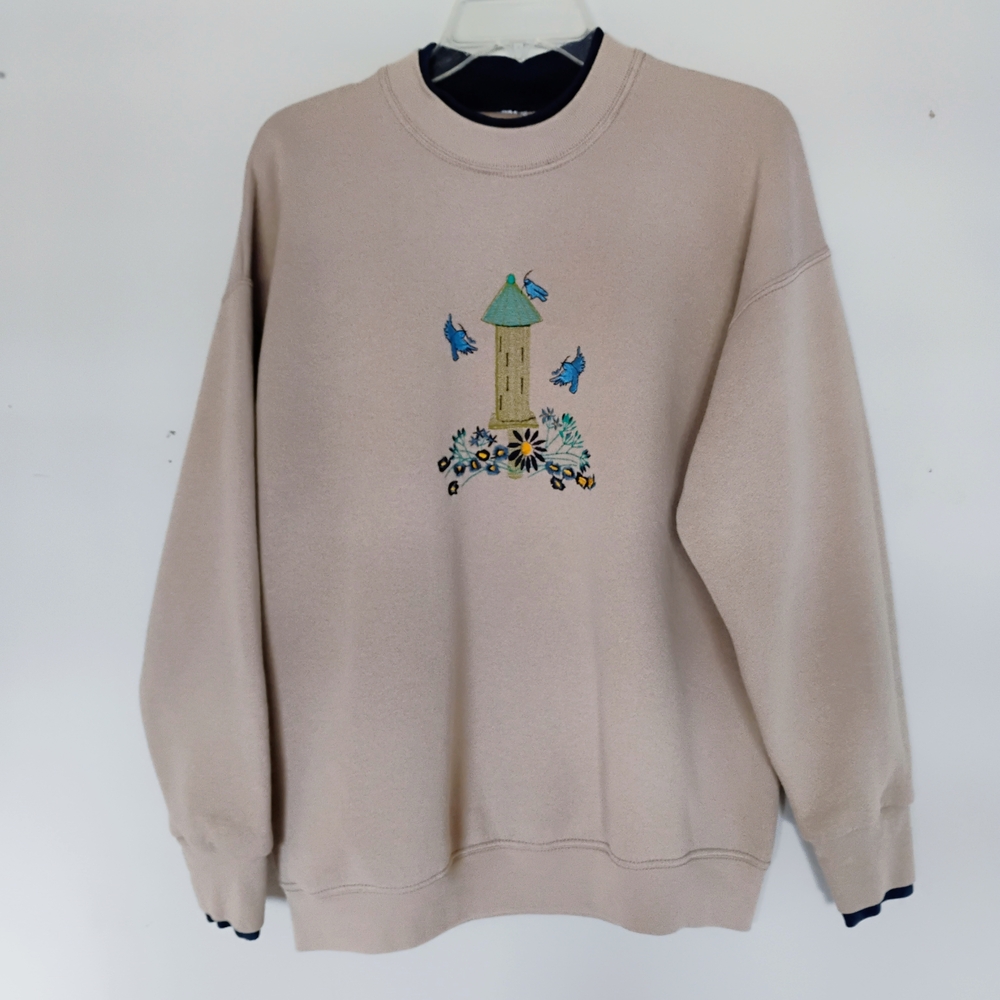 Woman's Vintage L Beige Sweatshirt with Embroidered Design - Picture 1 of 14